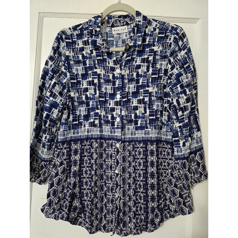 Habitat Navy and White Mixed-Print Button Front Blouse